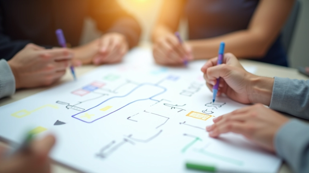 Communicatieplan op papier met pijlen en verbindingen tussen verschillende groepen, diverse stakeholders met notities