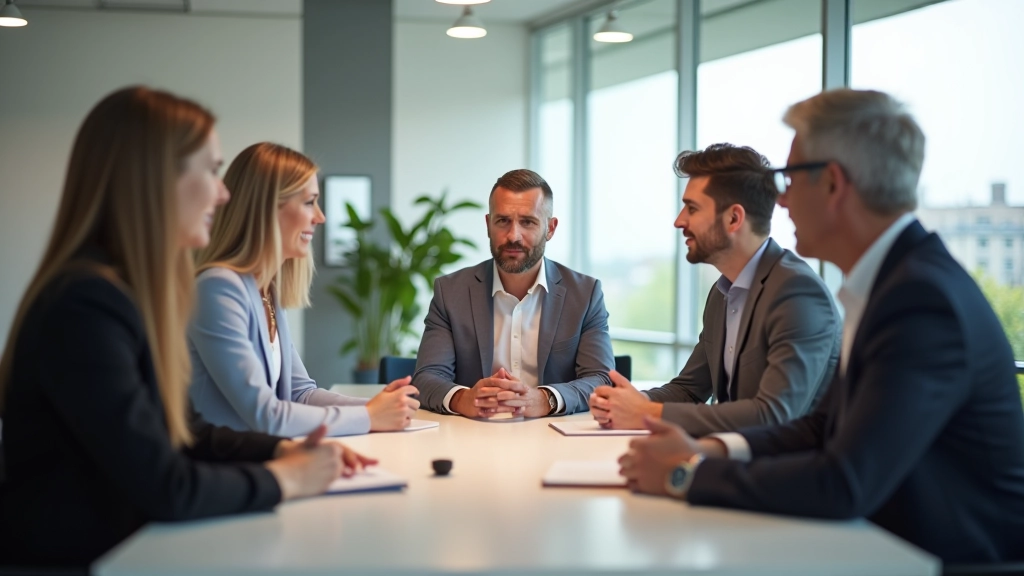 Diverse groep mensen zit rond vergadertafel, actief luisterend, open lichaamstaal, professioneel kantoor