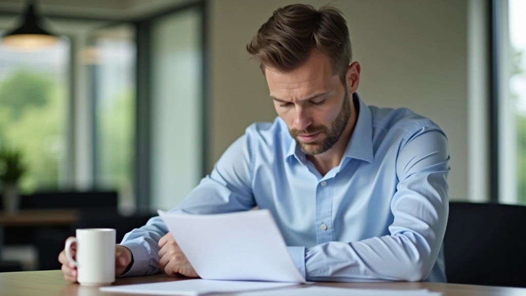 Man leest document aan tafel met kopje koffie en notitieblok, daglicht