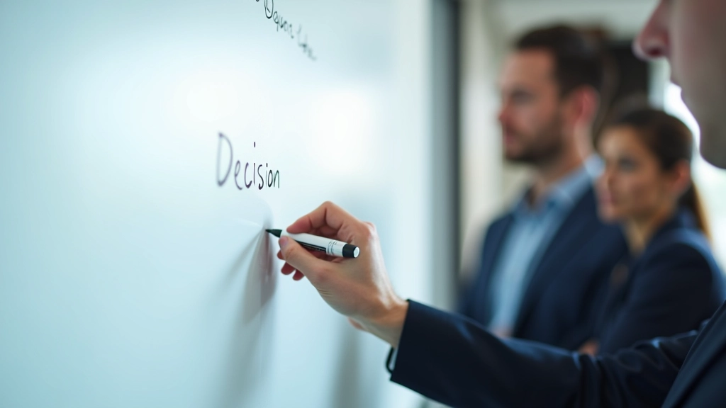 Persoon schrijft beslissing op whiteboard met dikke marker, andere teamleden kijken, helder zichtbare woorden