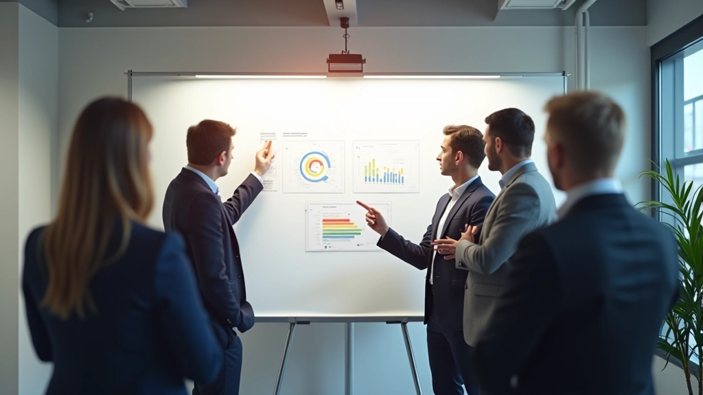Team van professionals staat bij flip-over chart met strategie notities, modern kantoor