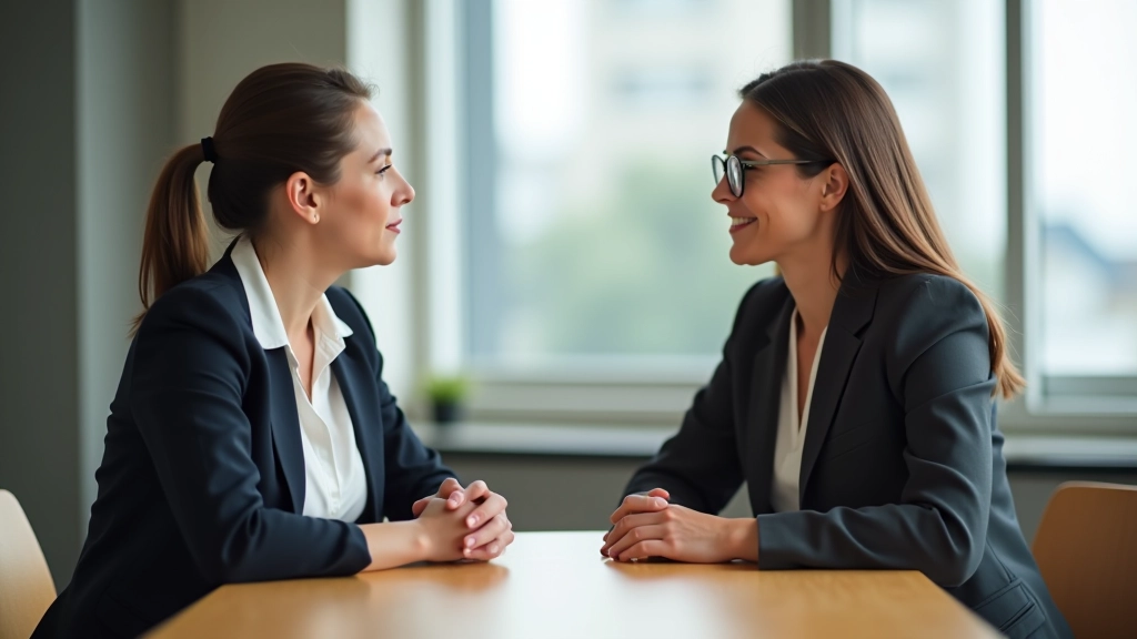 Twee vrouwen zitten tegenover elkaar aan tafel, voeren ernstig gesprek met attente houding, moderne kantoor setting