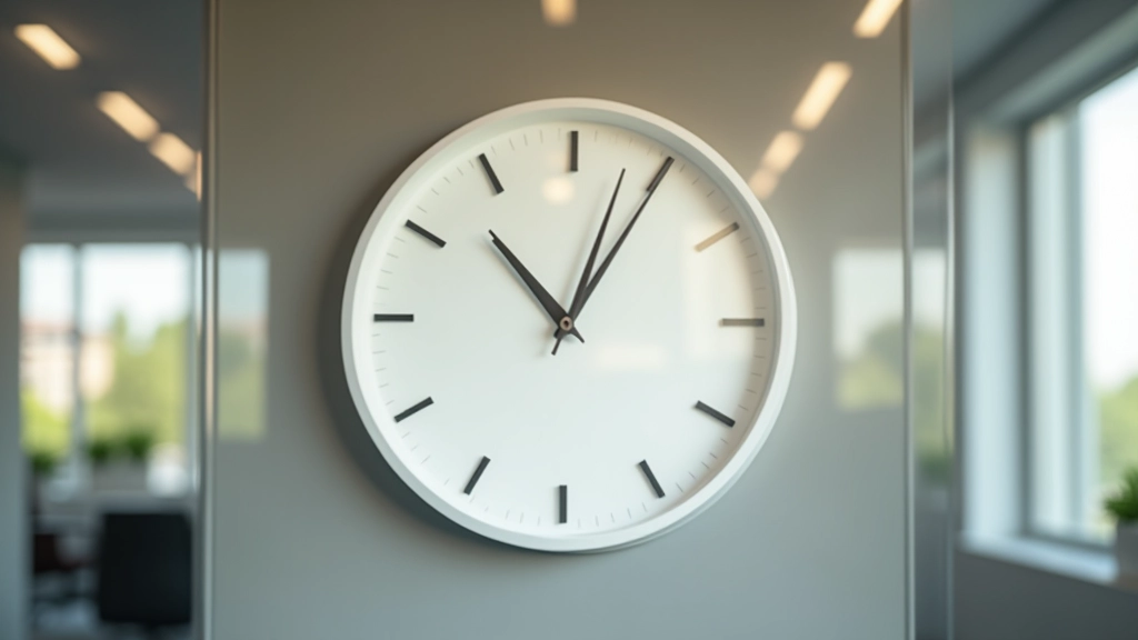 Analoge klok op muur van kantoor, wijzers wijzen naar 2:00 uur, duidelijk zichtbaar, scherpgesteld