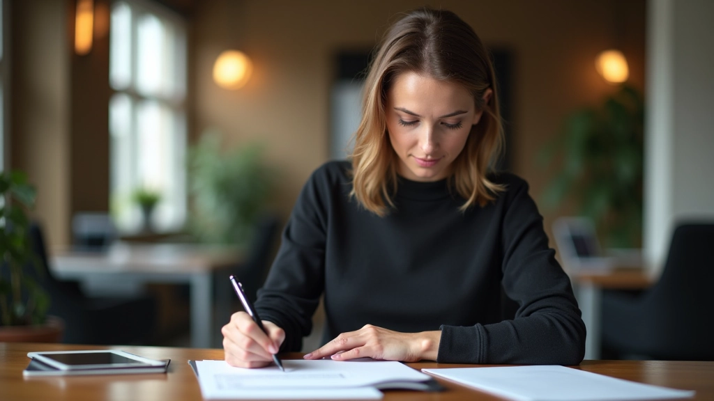 Zakenvrouw schrijft notities op papier aan bureau, concentratie, warm kantoorlicht